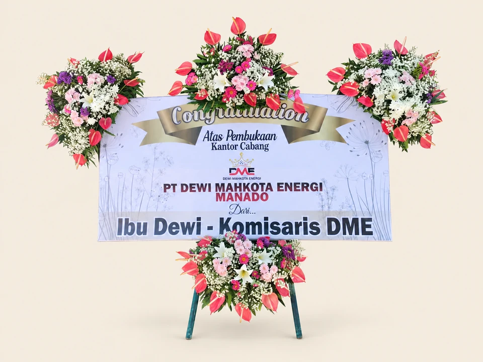 Papan Grand Opening Putih Emas Empat Rangkaian — pratinjau dengan latar krem