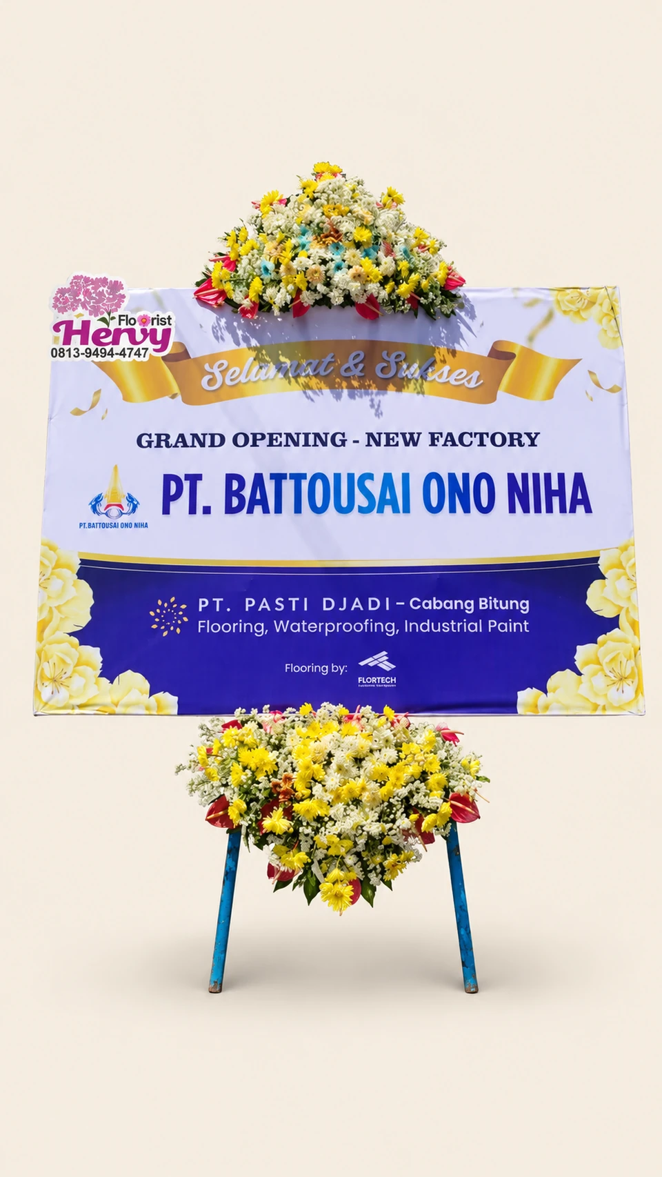 Papan Grand Opening Putih Kuning Ungu — pratinjau dengan latar krem