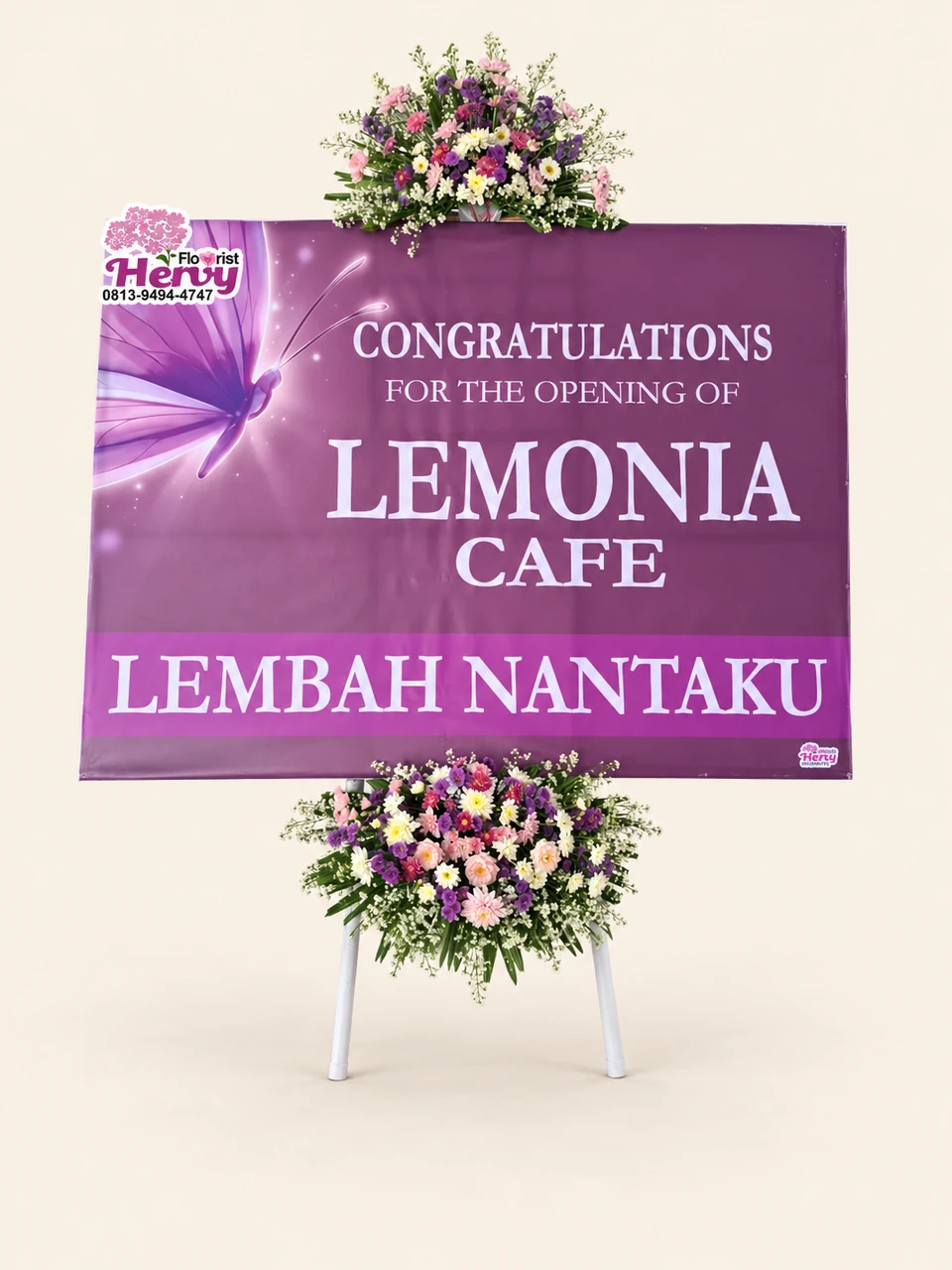 Papan Grand Opening Ungu Kupu-kupu — pratinjau dengan latar krem
